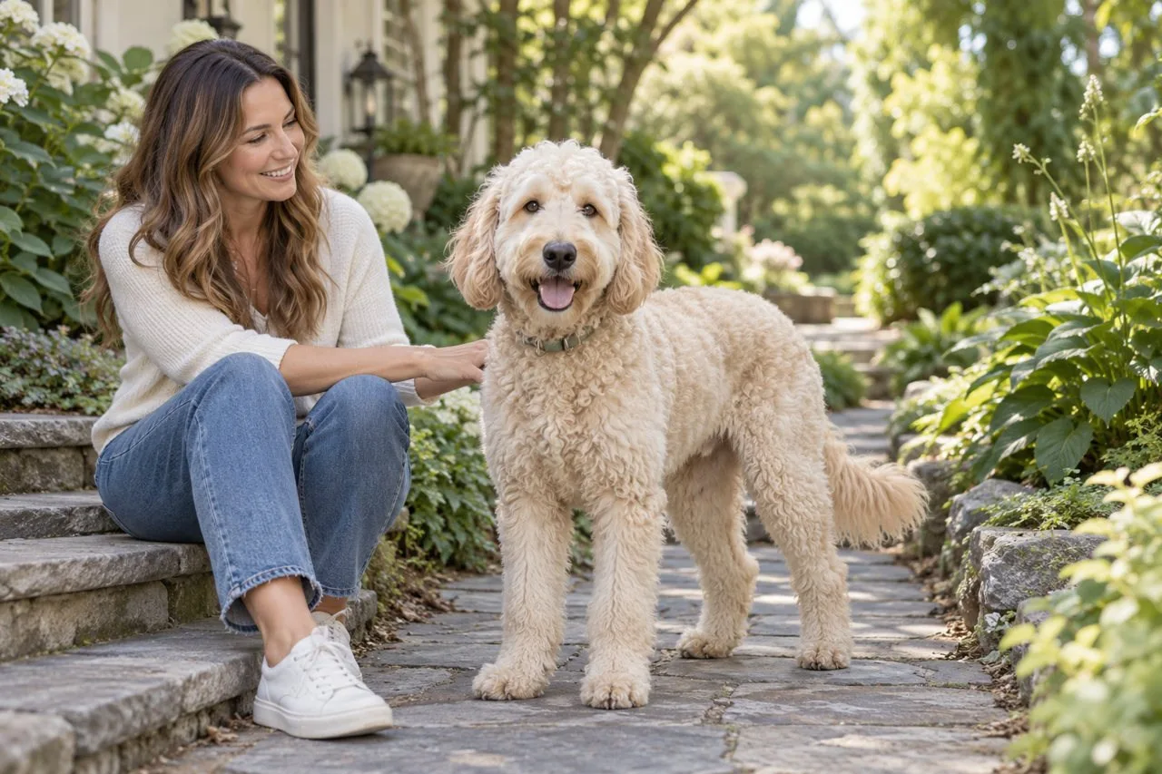 Cream curly-coated dog standing on a garden path beside its seated owner